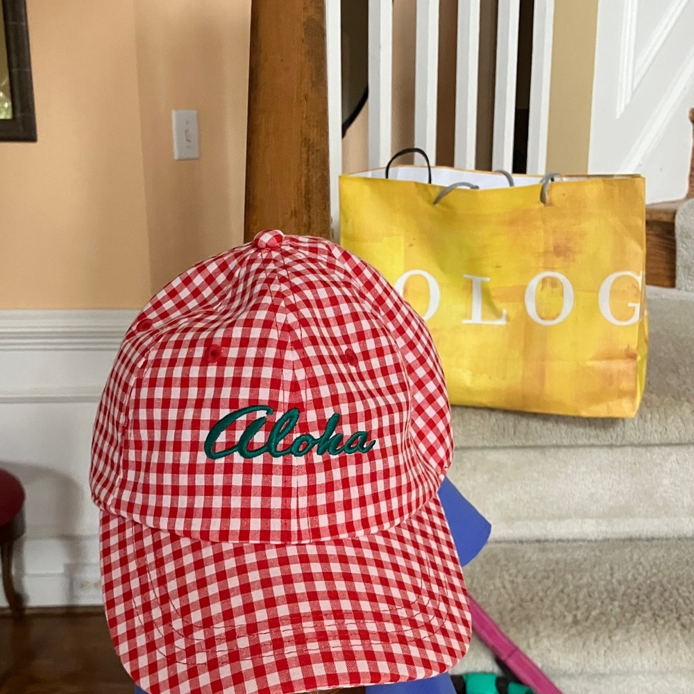 Red Checkered Cap with Green Embroidery